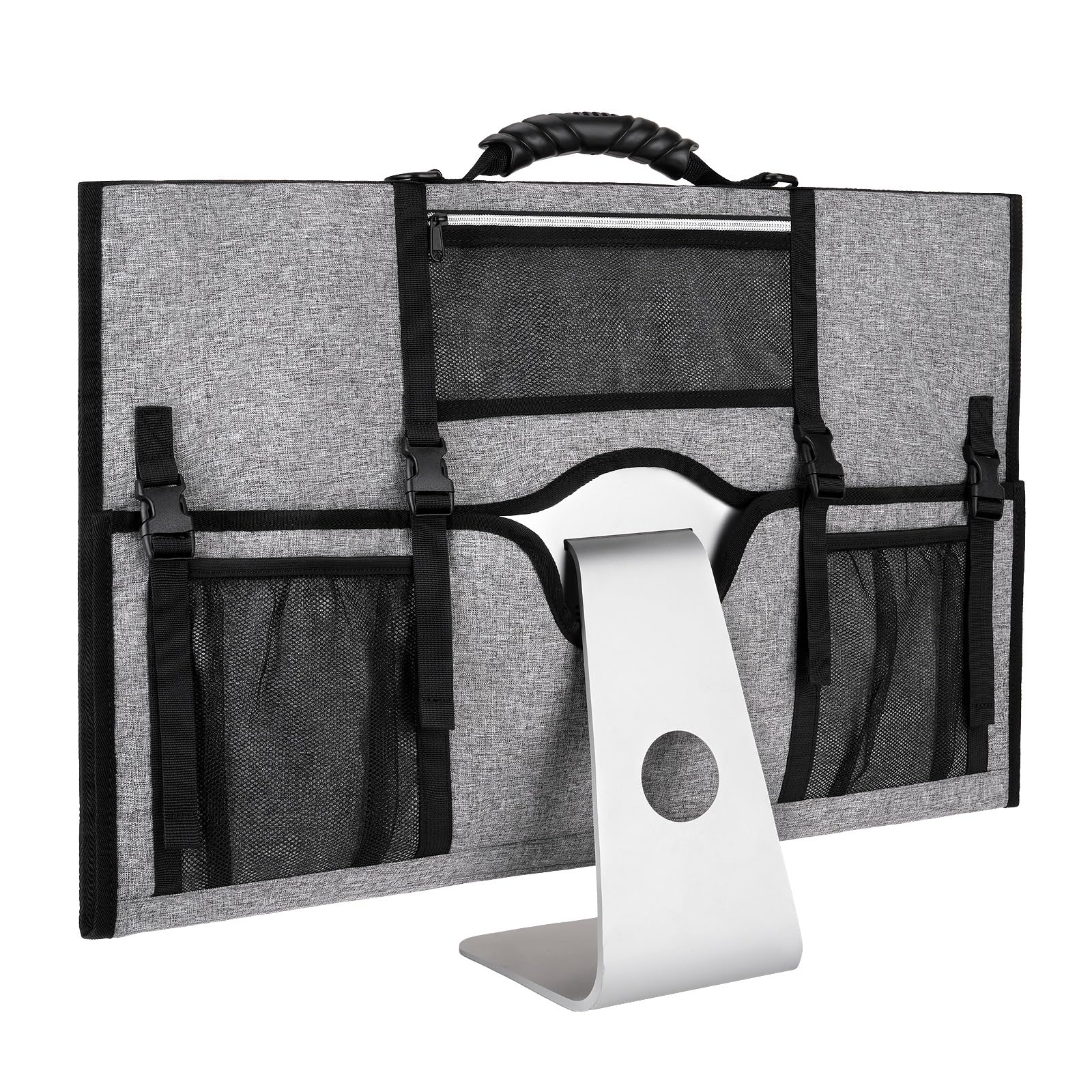 MOSISO Monitor Tragetasche, 27 Zoll Gepolsterte Monitor Reisetasche, Schutzhülle für Computer Monitore mit Verstellbarem Schultergurt & 3 Taschen für 27 Zoll Monitore, Grau