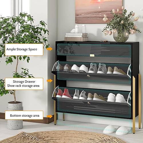 Vista 99 de RUNNA Organizador delgado de entrada con 2 cajones abatibles, armario de almacenamiento de zapatos con parte superior de vidrio templado con cajón