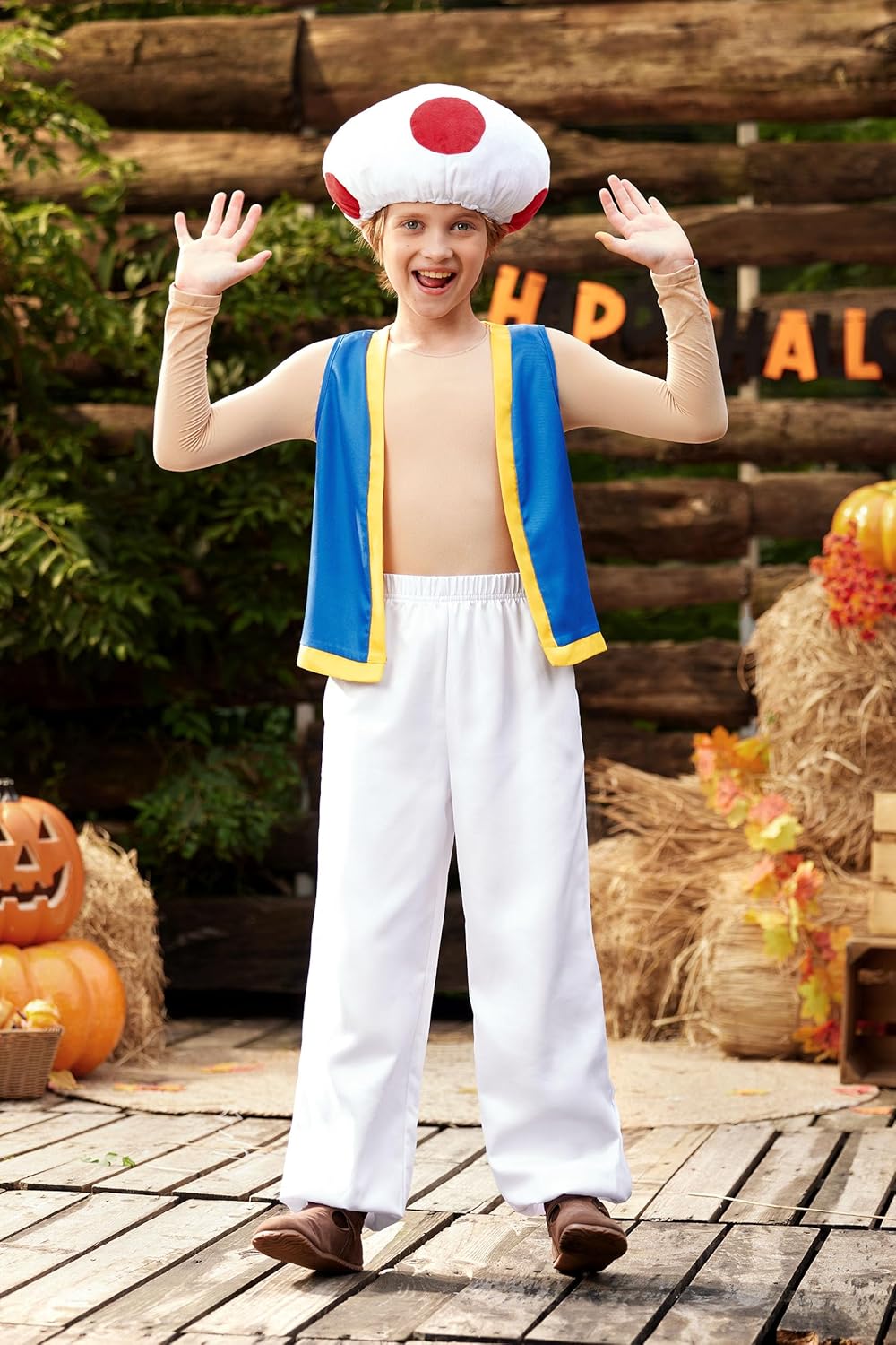 Halloween Boys Girls Costume 3PCS Blue Yellow Vest Whit Pants with Cartoon Hat Set 2-12 Years