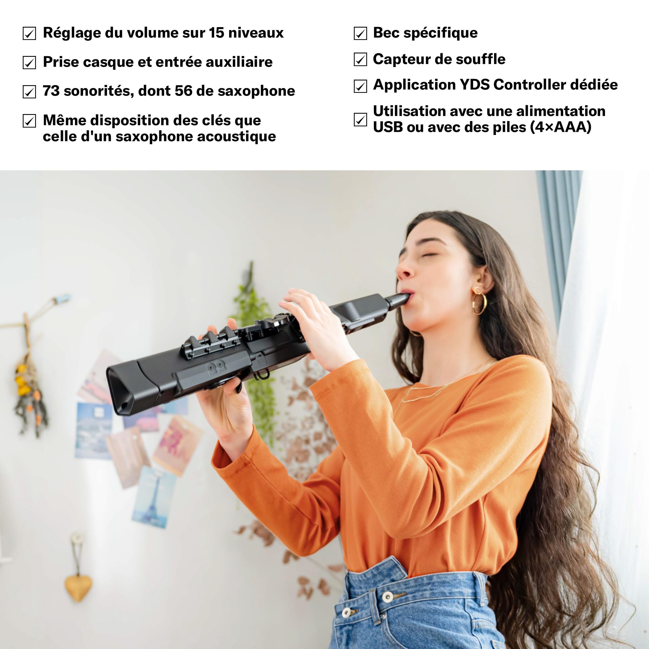Yamaha YDS-120 Saxophone Numérique - 56 Sonorités de Saxophone, Capteur de Souffle, Contrôle du Volume, USB, Prise Casque, Idéal pour Jouer en Silence, Configuration et Personnalisation via l'App.