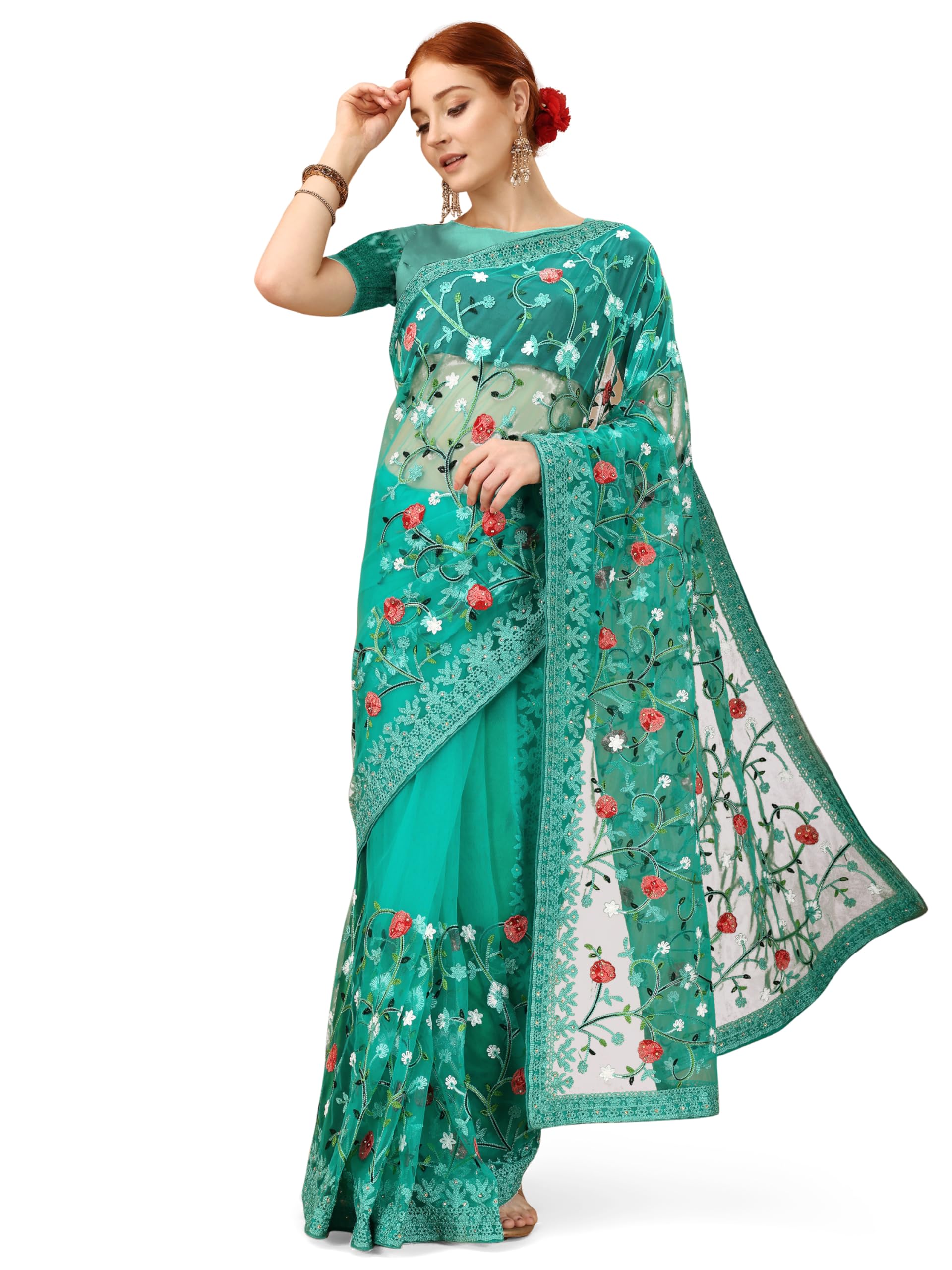 Women's Floral Embroidered Net Saree With Unstitched Blouse Piece
