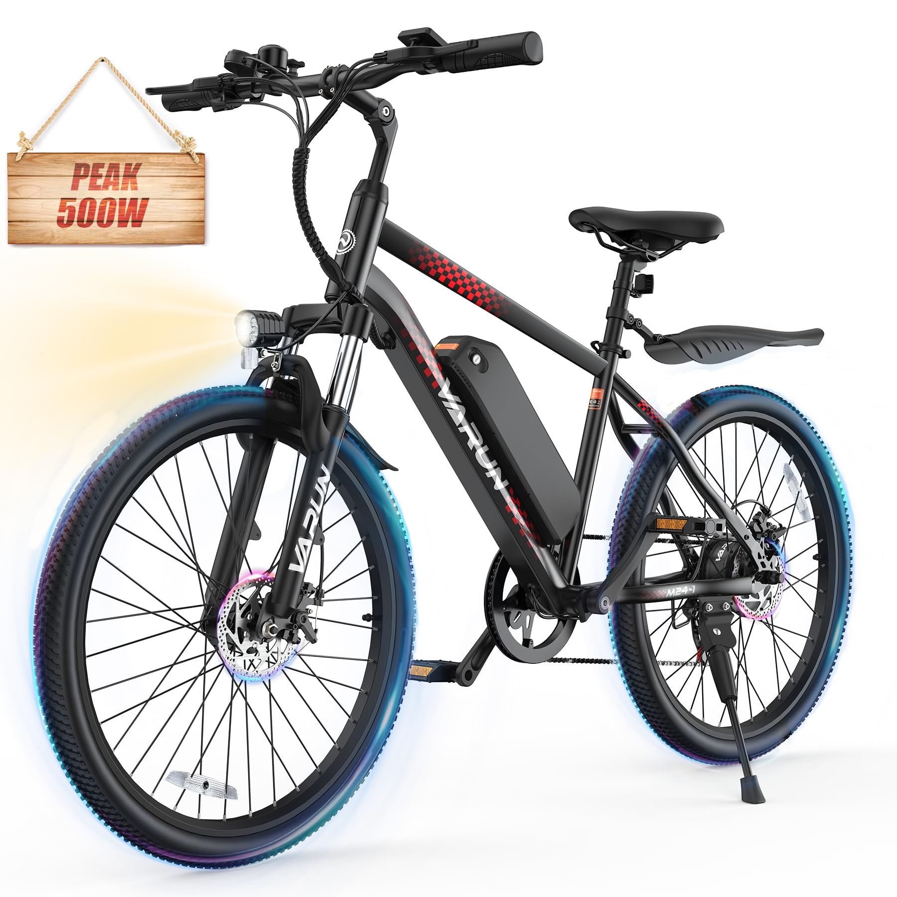 VARUN Electric Bike - Ebikes for Adults Peak 500W /750W 20MPH Commuter Ebike with 36V/48V 7.8AH Removable Battery, 24''/ 26" Electric Mountain Bike with Front Fork Suspension and Dual Disc Brakes