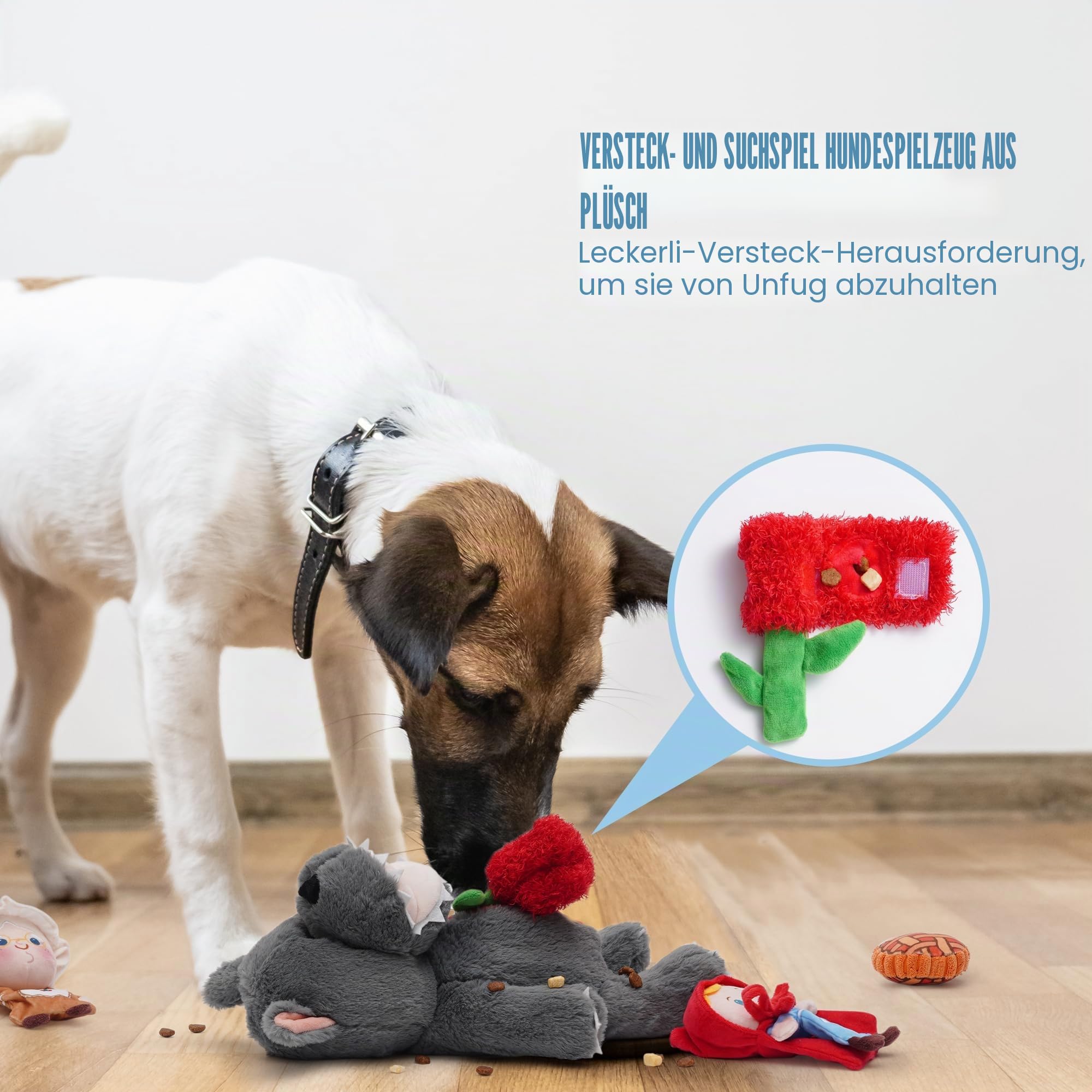 Nocciola Verstecken und Suchen Quietschendes Hundespielzeug, 6-in-1 Interaktives Welpenspielzeug, Puzzle Spielzeug um Hunde zu Beschäftigen, Plüsch-Kuscheltier für Kleine und Mittelgroße, Märchen