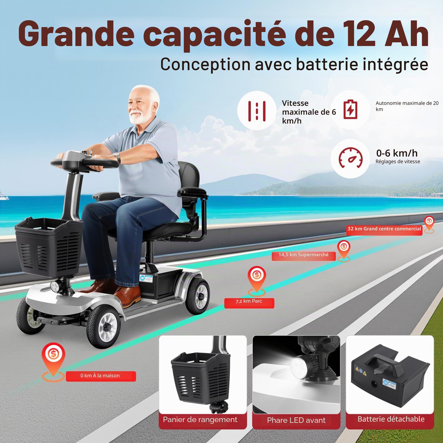 Scooter électrique pour seniors 22 km Scooter pliable à 4 roues avec panier Batterie légère Capacité de charge jusqu'à 190 kg Scooter électrique