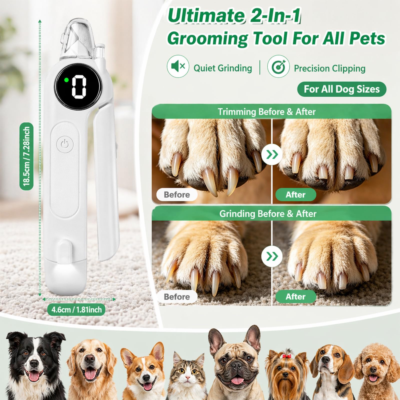 2-in-1 Krallenschere für Hunde mit Licht & Schleifer, LED Krallenschneider für Hunde & Katzen, Krallenschleifer für Hunde 3 Modi, Leise, Auffangbehälter, USB-C, Nagelknipser Haustiere