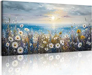 crmotu Coastal Daisy Flower Wall Art, Seaside Sunset Landscape Large Artwork, Beach Wildflower Rustic Pictures Canvas Prints, Seascape Blue Paintings Wall Decor Living Room Bedroom Kitchen 20X40 In