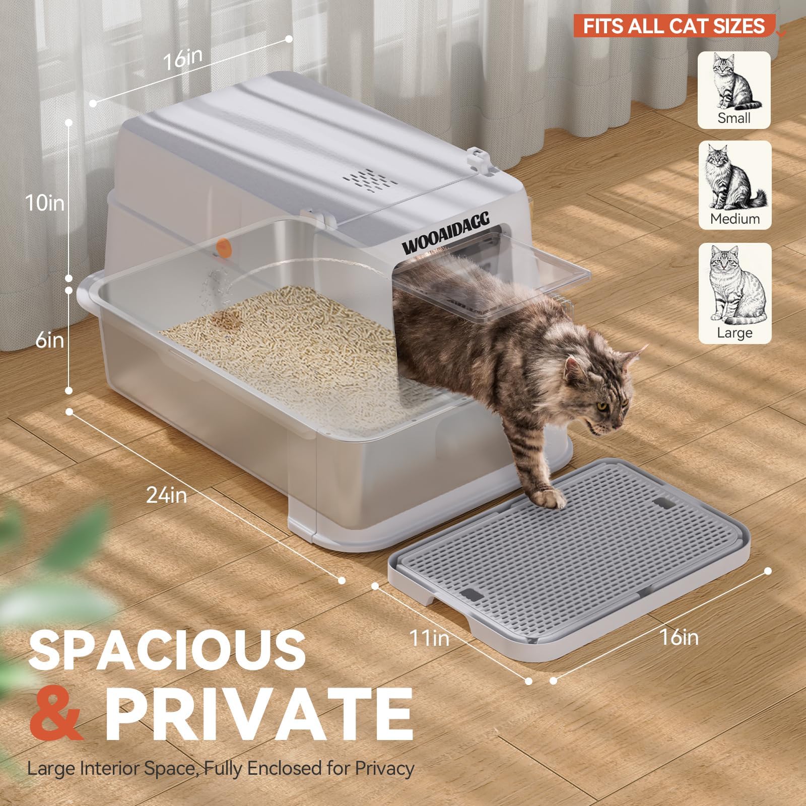 Covered Stainless Steel Cat Litter Box with Odor Control, Modular Design with Drawer, Easy to Clean with Scoop,XL Size Fits All Cats (Light Grey)