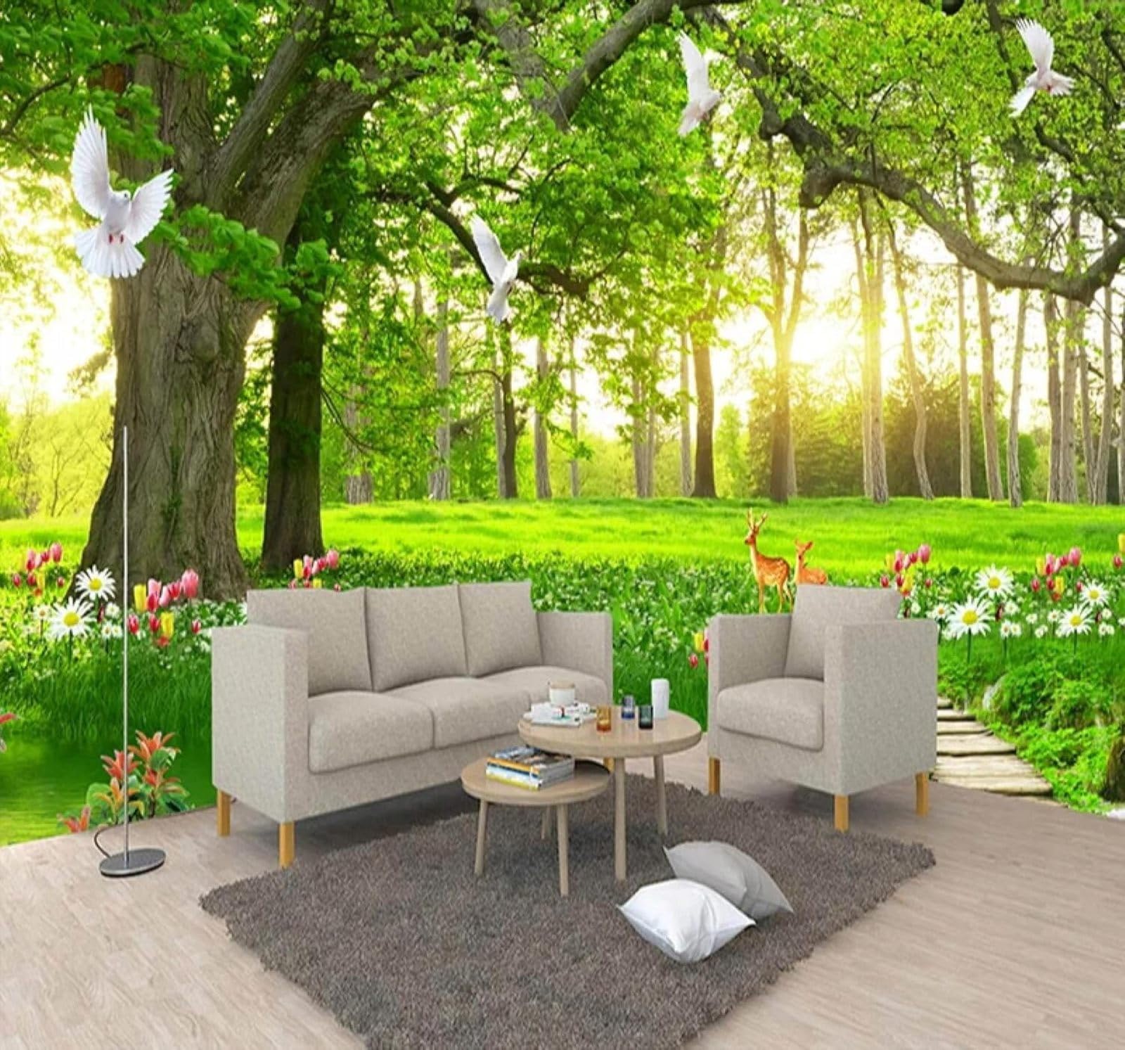 XLMING Fresh Green Forest Fawn Natural Landscape 3D Wallpaper Silky Texture Home Study Office Grey Dining Room Sofa Bedroom Living Room TV Backdrop-400cm×280cm