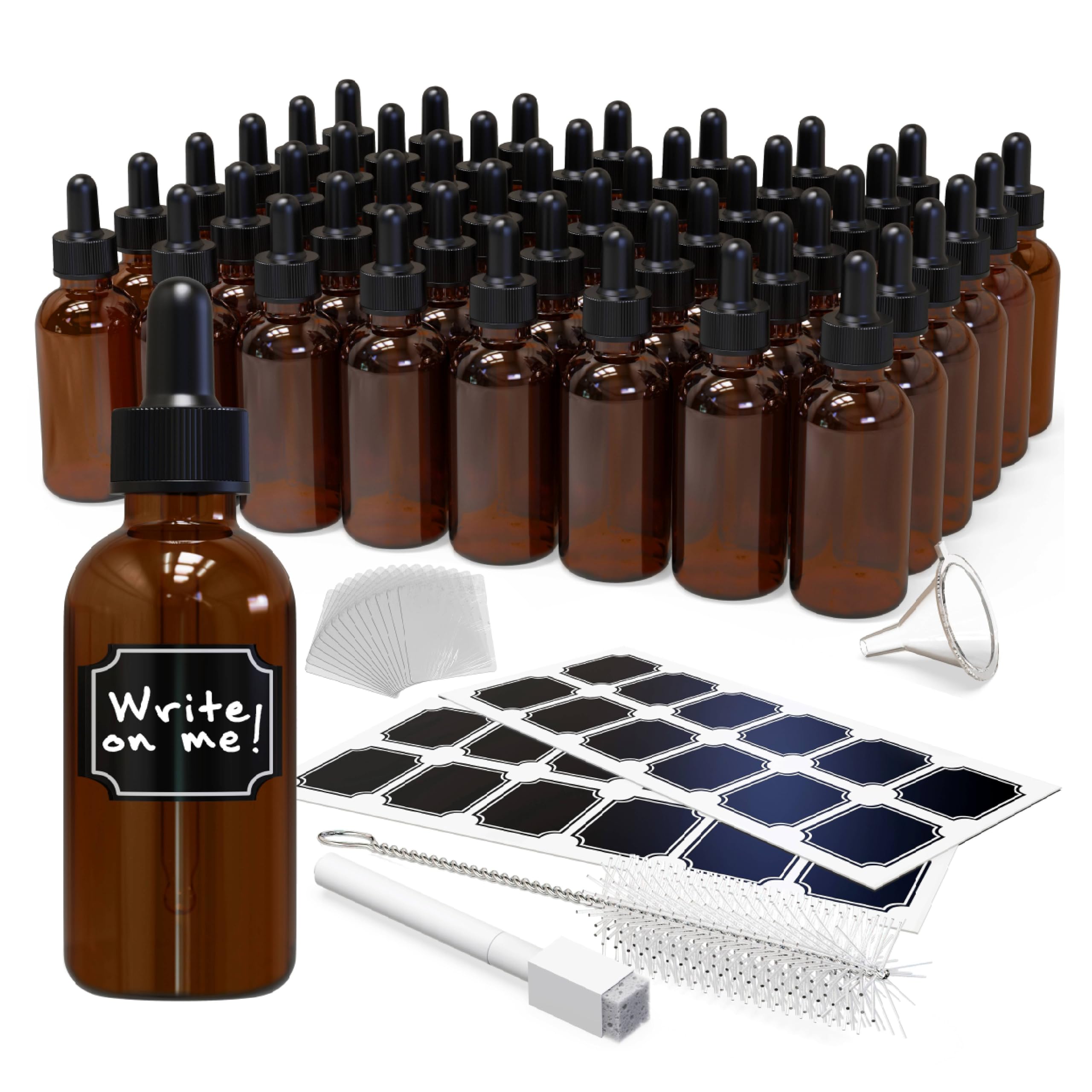 - Nevlers 48 Pack Amber Glass Dropper Bottles | 2 Oz Glass Dropper Bottle Set w/Funnel, Brush, Shrink Wrap, Marker & Labels | Leakproof Amber Bottles with Droppers for Oils, Tinctures, Serum & Medicine