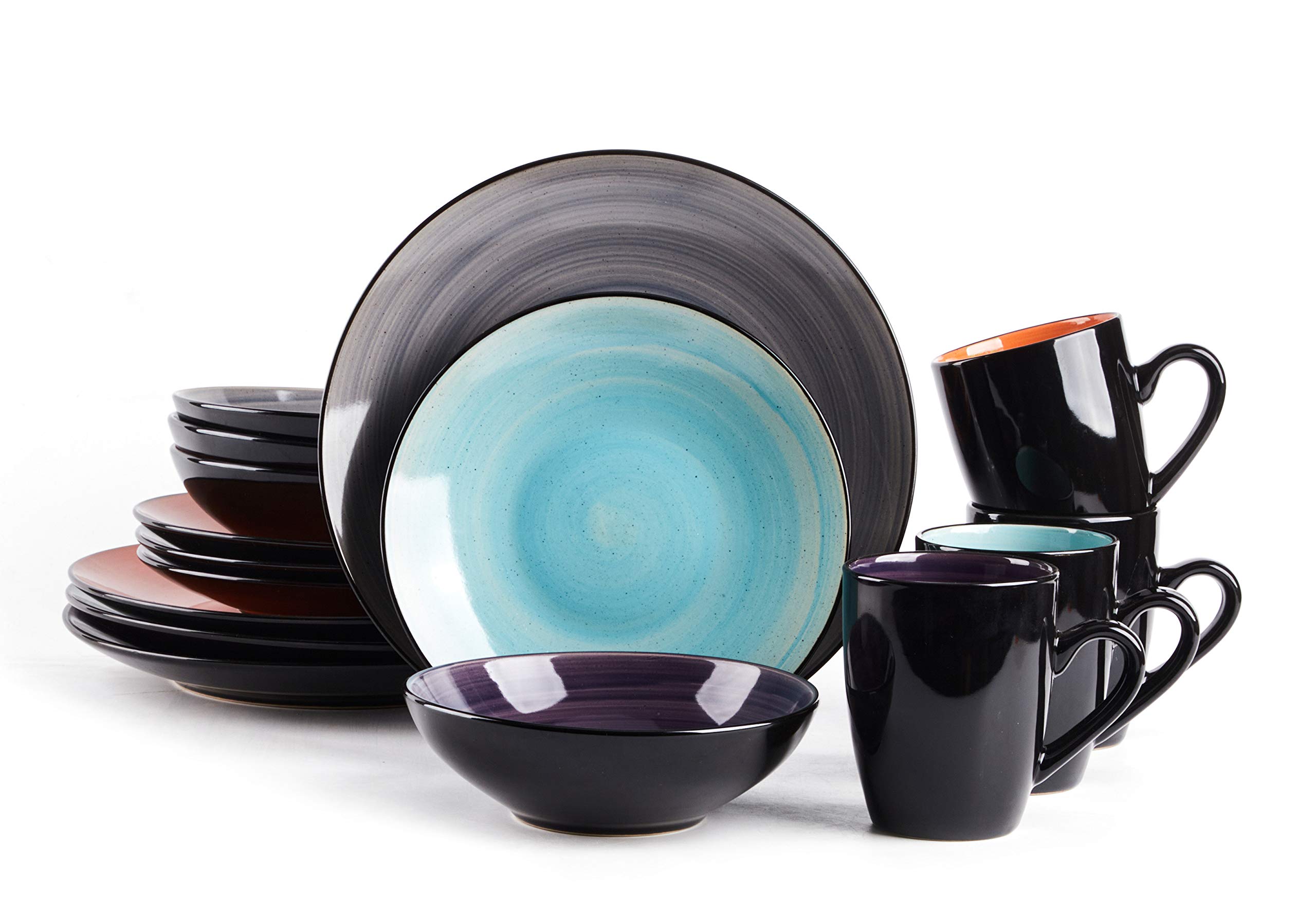 HomeVss Sonoma 16 Piece Stoneware Dinner Set, Samoa, Outside Black + Inside Hand painted Combi Colors of Grey, Orange, Purple and Turquoise) with speckle