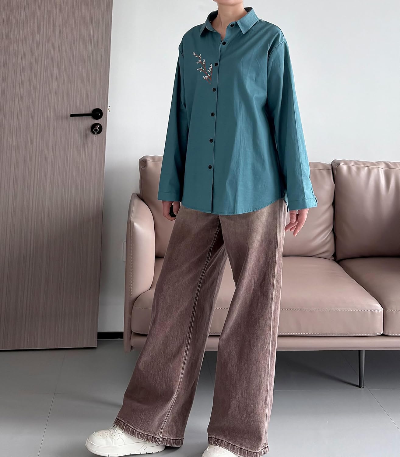 Minibee Women's Button Down Shirts Cotton Linen Long Sleeve Collared Casual Blouses Embroidered Tunic Tops - Image 2