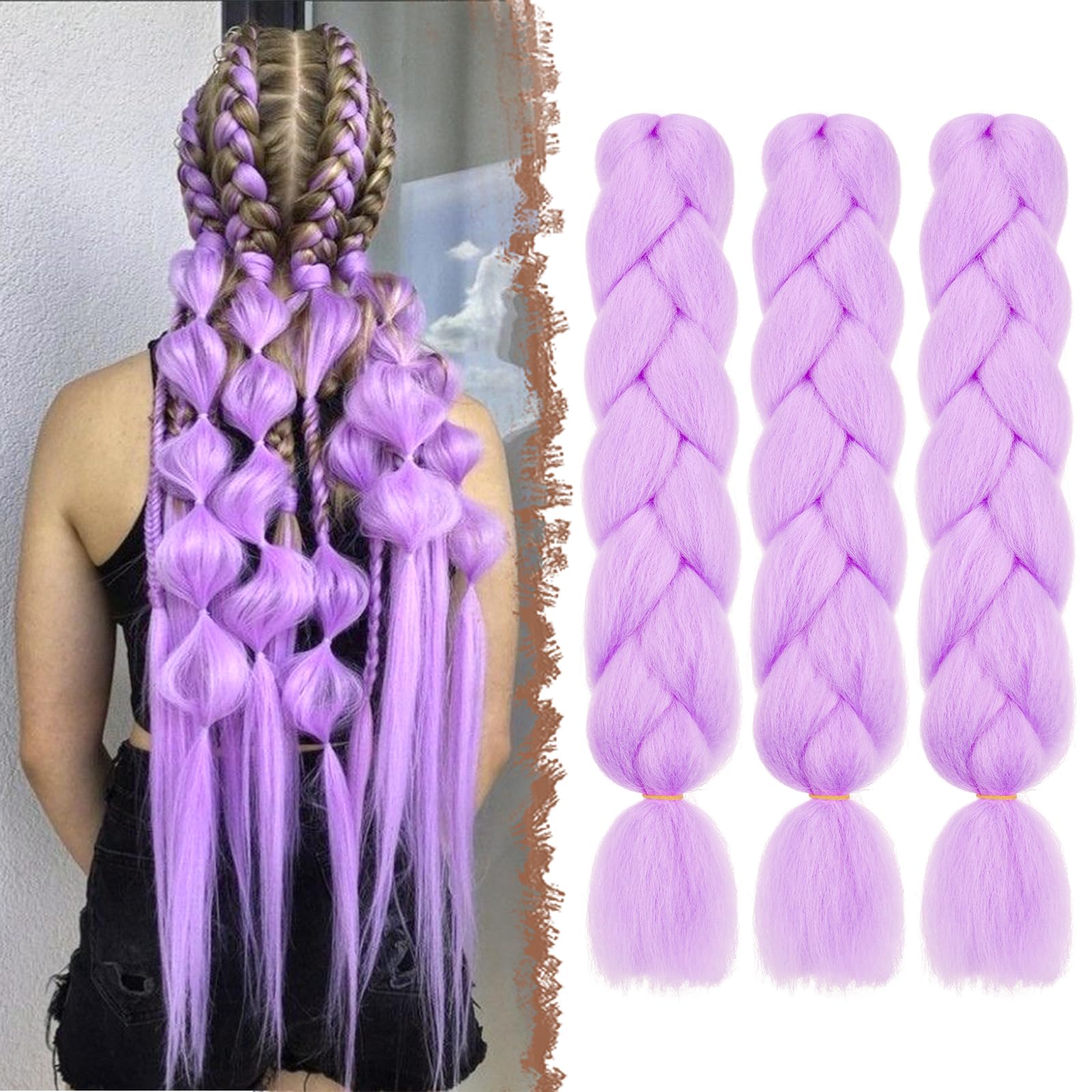 FESHFEN Kanekalon Extensiones para Trenzas 3 Piezas Extensión de Pelo Trenzado Africanas Sintético Jumbo Braiding Extensiones de Cabello Trenzado para Ganchillo, Morado