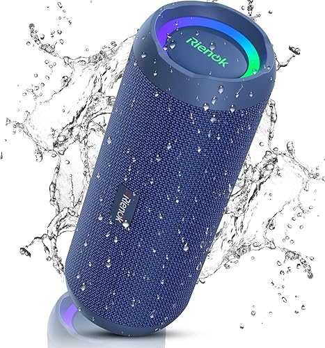 RIENOK Głośnik Bluetooth z lampką, przenośny Bluetooth 5.3 pozytywka z basem bezprzewodowy wodoodporny IPX7 dźwięk stereo Niebieski
