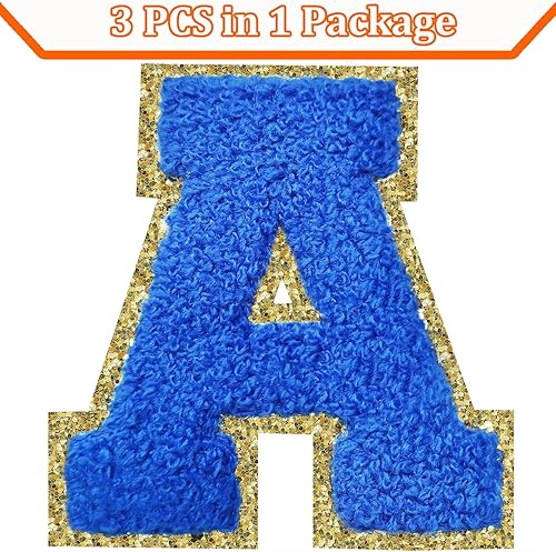 Miniatura 27 de Parches de letras termo-adhesivas de felpilla para chaquetas, parches de letras universitarias con brillantina para planchar en la letra azul A