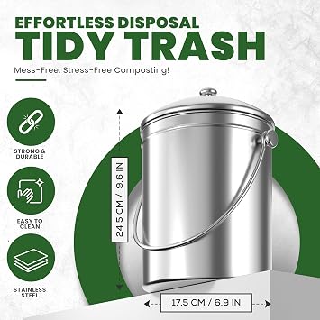 Utopia Kitchen Countertop Compost Bin 1 Gallon, Stainless Steel, Silver