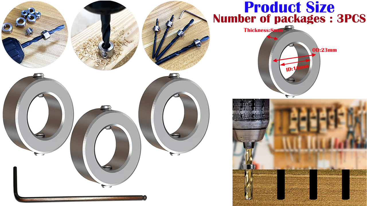 CESFONJER 2 Set Drill Stop, 16 Pcs 3-16mm Drill Bit Depth Stop Collar Ring Positioner Spacing Ring Positioner Locator Woodworking Drill Bit With Hex Wrench - View #4
