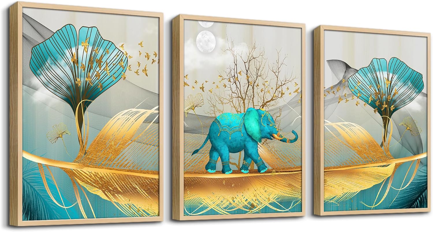 SERIMINO Large Wooden Framed Canvas Wall Art for Living Room Blud and Gold Elephant Picture Wall Decor for Dining Room Bedroom Bathroom Kitchen Print for Home Decorations 3 Piece Animal Paintings 16" x 24" x 3 Panels Wood Grain Framed Wood Grain Framed -
