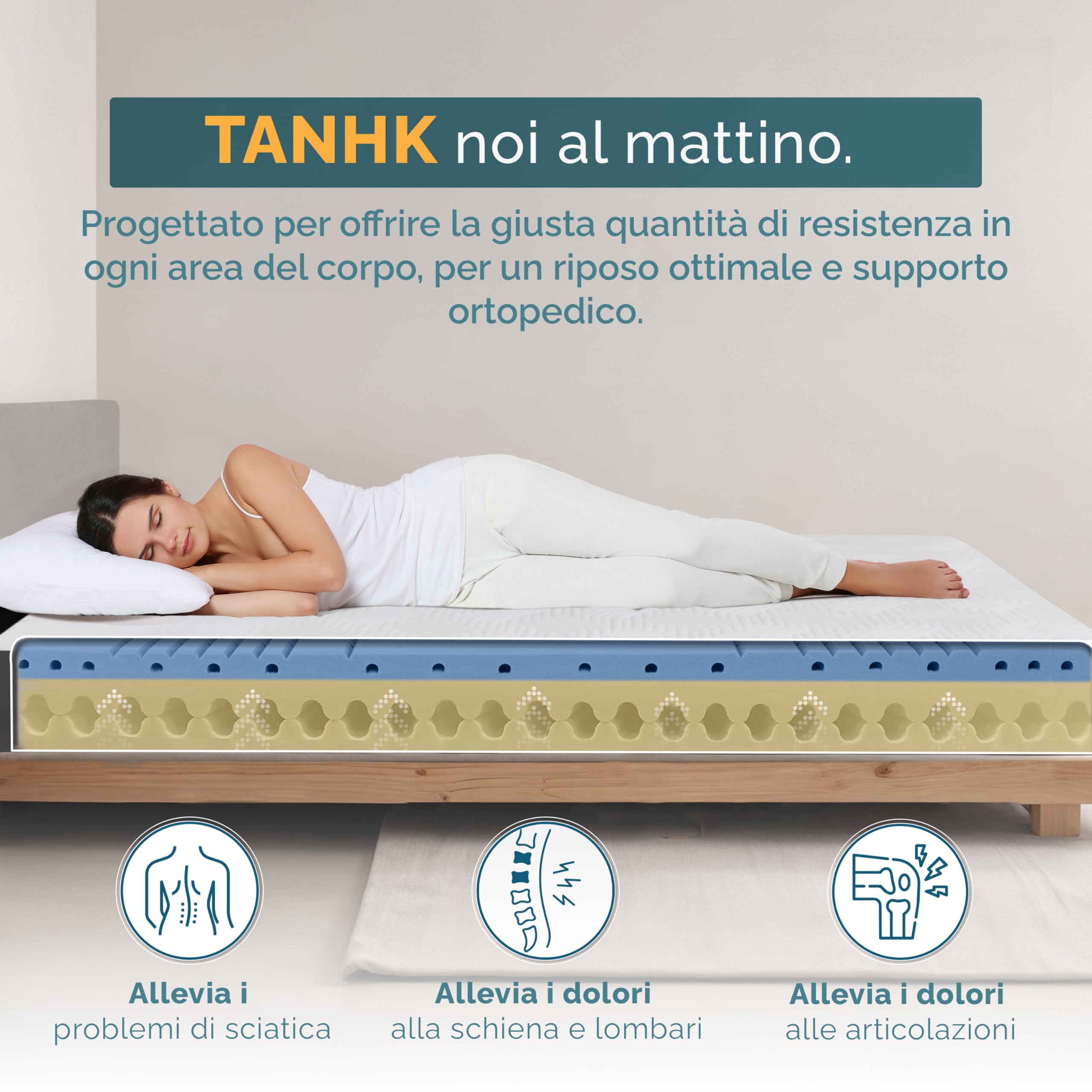 TANHK Materasso Memory Foam 160x200, 22cm, Rigidità Media, Spessore Migliorato, Rivestimento 100% cotone, Made in Italy
