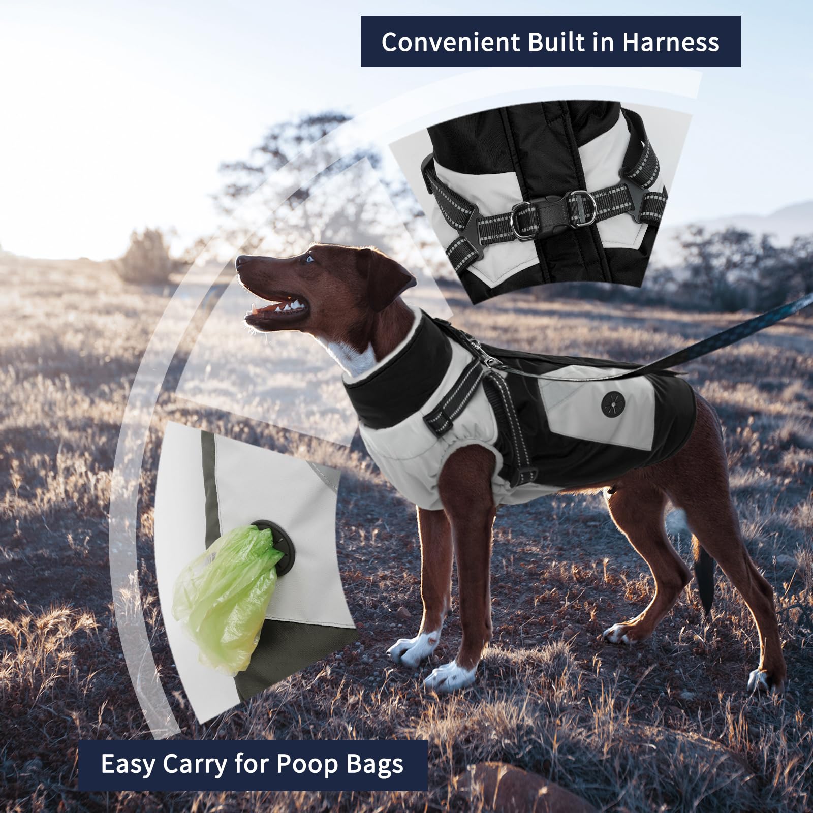 IECOii Chaqueta para perro con arnés de invierno integrado, negro, XXXL, abrigo para perro con cremallera, ropa de invierno para perros grandes, impermeable, traje de nieve para perros, chaqueta de
