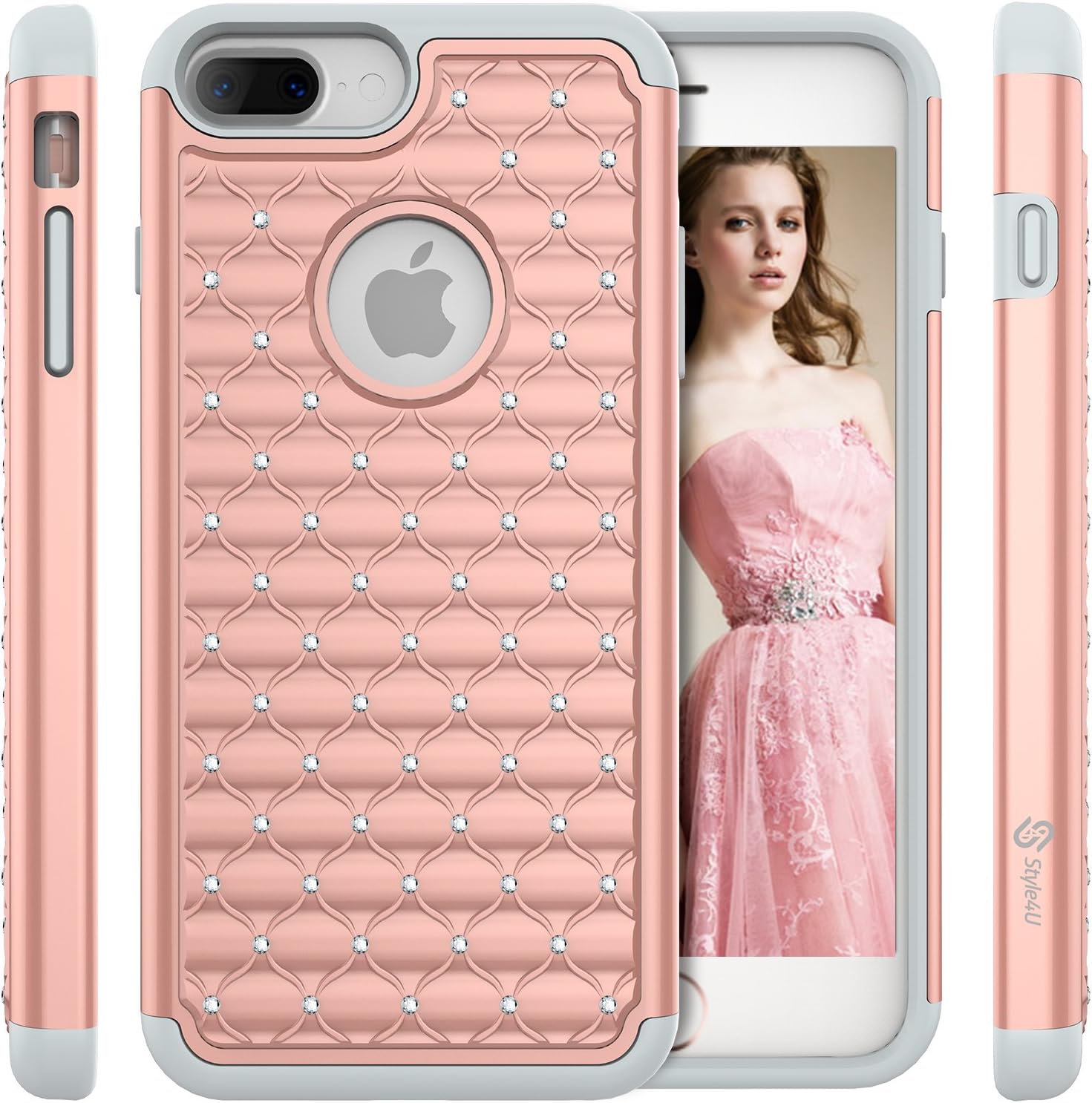 Style4U iPhone 8 Plus/iPhone 7 Plus Case, Shock Resistant Studded Rhinestone Crystal Bling Hybrid Armor Case Cover w/ 1 Stylus [Rose Gold/Grey]