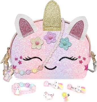 Set De Joyas Y Bolso De Unicornio Para Niñas – Incluye Collar, Pulsera, Pendientes Y Anillo, Ideal Para Fiestas Y Juego De Roles De 3 A 8 Años