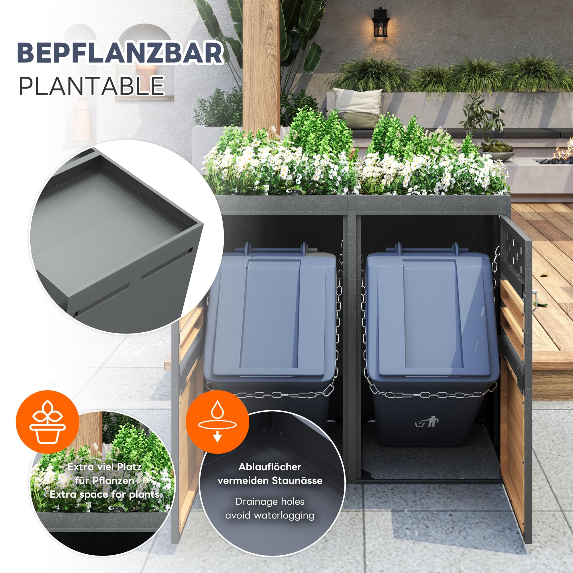 Mülltonnenbox 4-er mit Pflanzdach 120-240 Liter, Mülltonnenverkleidung für Mülltonnen Müllbox, Gartenbox mit Mülltrennsystem, Abschließbar, Pflanzfläche, Holzoptik Türen, Grau