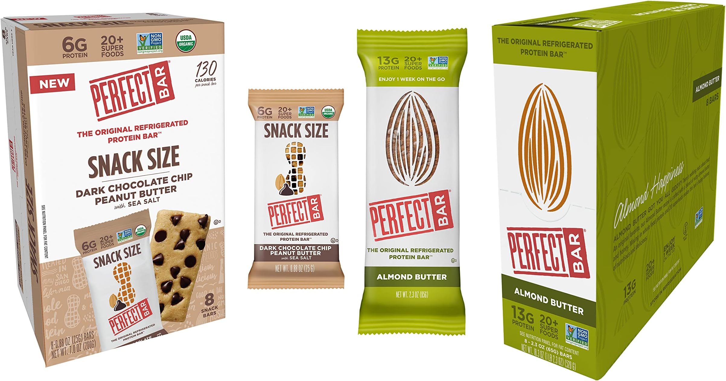 Perfect Bar, Dark Chocolate Chip Peanut Butter Snack Size & Almond Butter Bar Bundle, 88-2.3 Ounce Bar, 16 Count