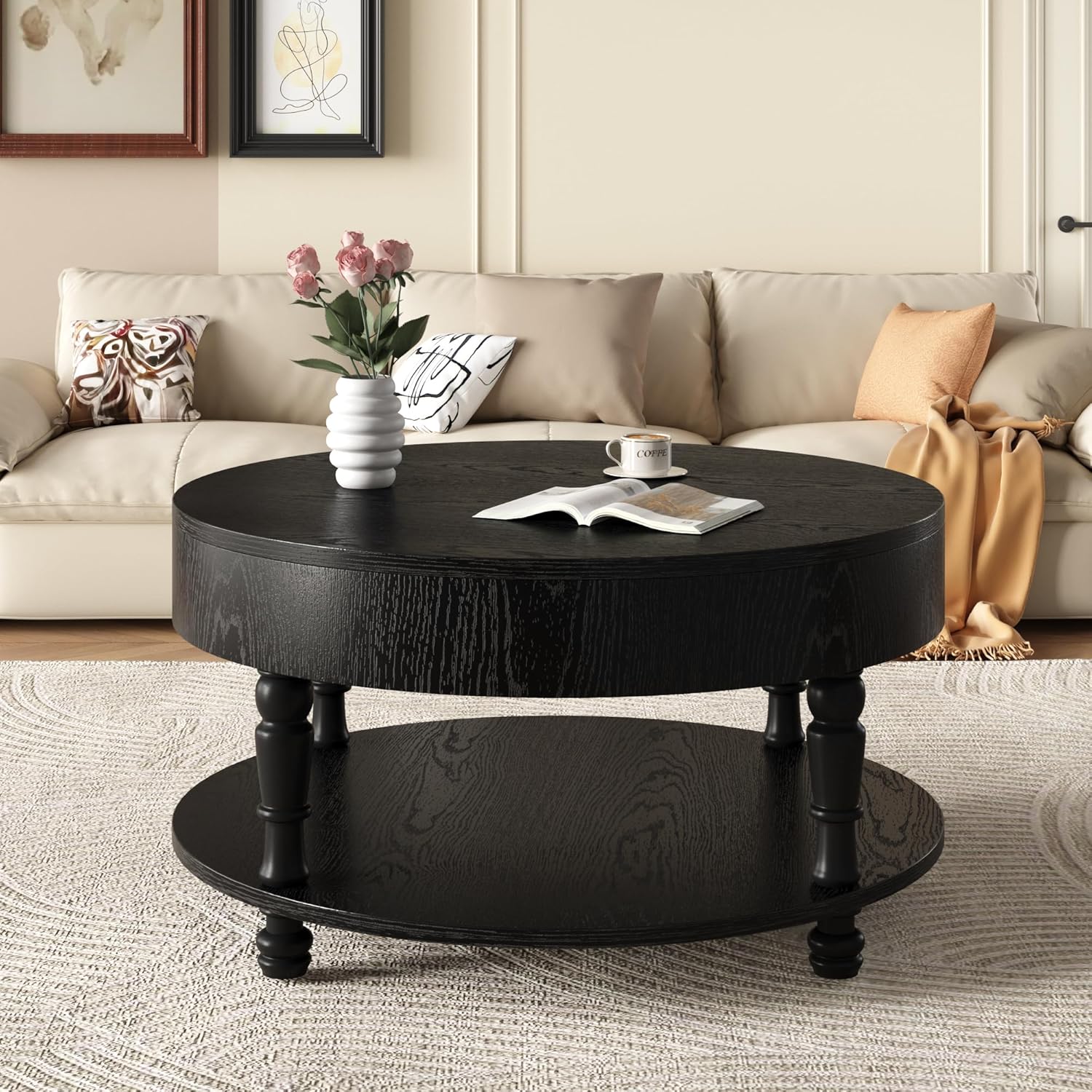 31.5" Round Wood Coffee Table with Hidden Storage, 2 Tier Modern Farmhouse Coffee Table with Open Bottom Shelf & Sturdy Carved legs, Rustic Circle Wooden Coffee Center Tea Table for Living Room, Black