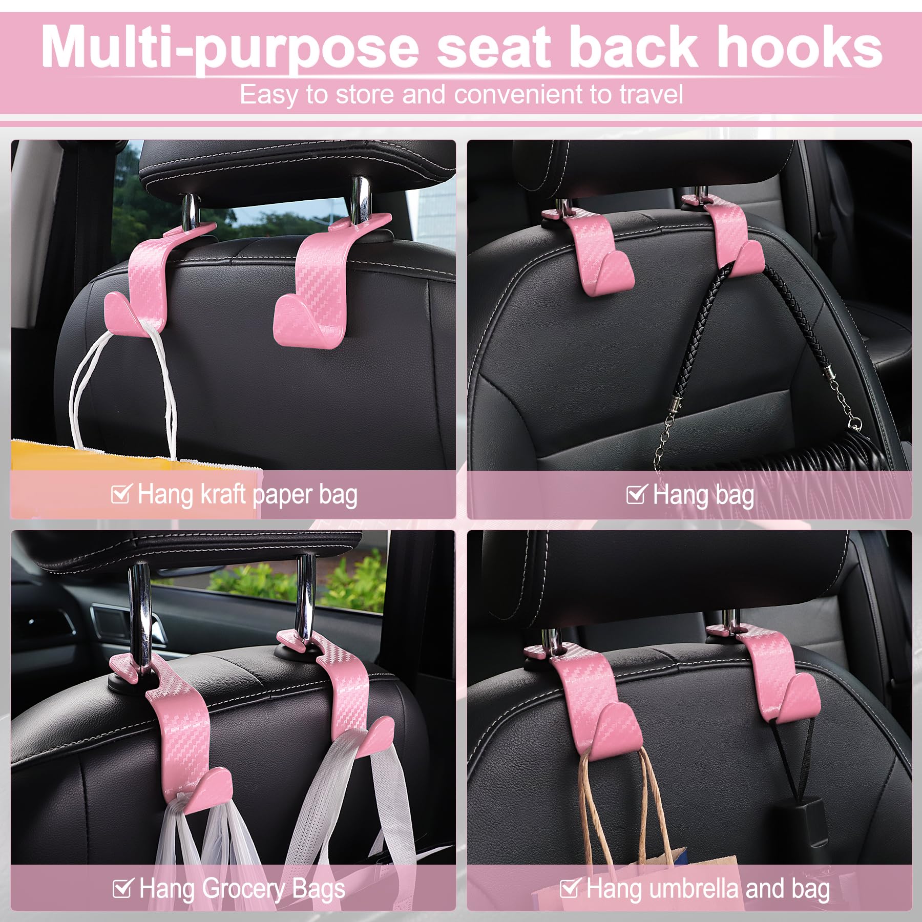 LivTee Gancho universal para bolso de coche, gancho para reposacabezas de coche, 4 unidades, organizador universal para bolso, abrigos, paraguas, bolsas de comestibles, accesorios de coche, fibra de
