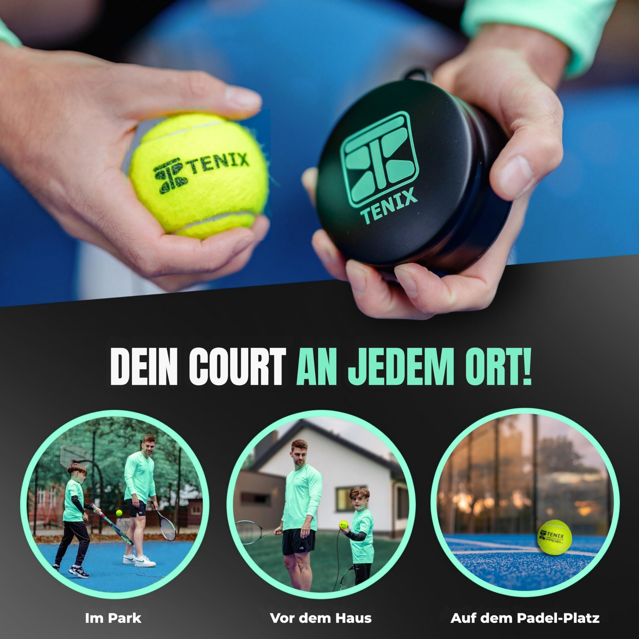 TENIX® Padel-Trainer Set mit Edelstahl-Basis [Keine Wasserfüllung nötig] Trainieren im Hof, im Park, auf dem Padelplatz | Hervorragendes Padel-Tennis Geschenk!