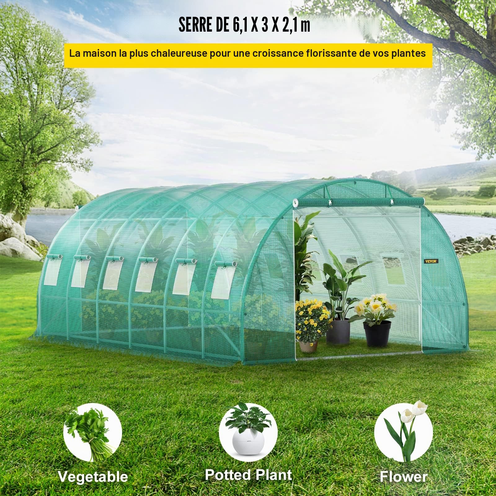 VEVOR Serre Tunnel Jardin 6,1x3x2,1 m Tente Abri Plantes Cadre en Acier Galvanisé Couverture Étanche PE 3 Poutres Supérieures 4 Poteaux Diagonaux 2 Portes 12 Fenêtres pour Cultiver Légumes Fleurs Vert