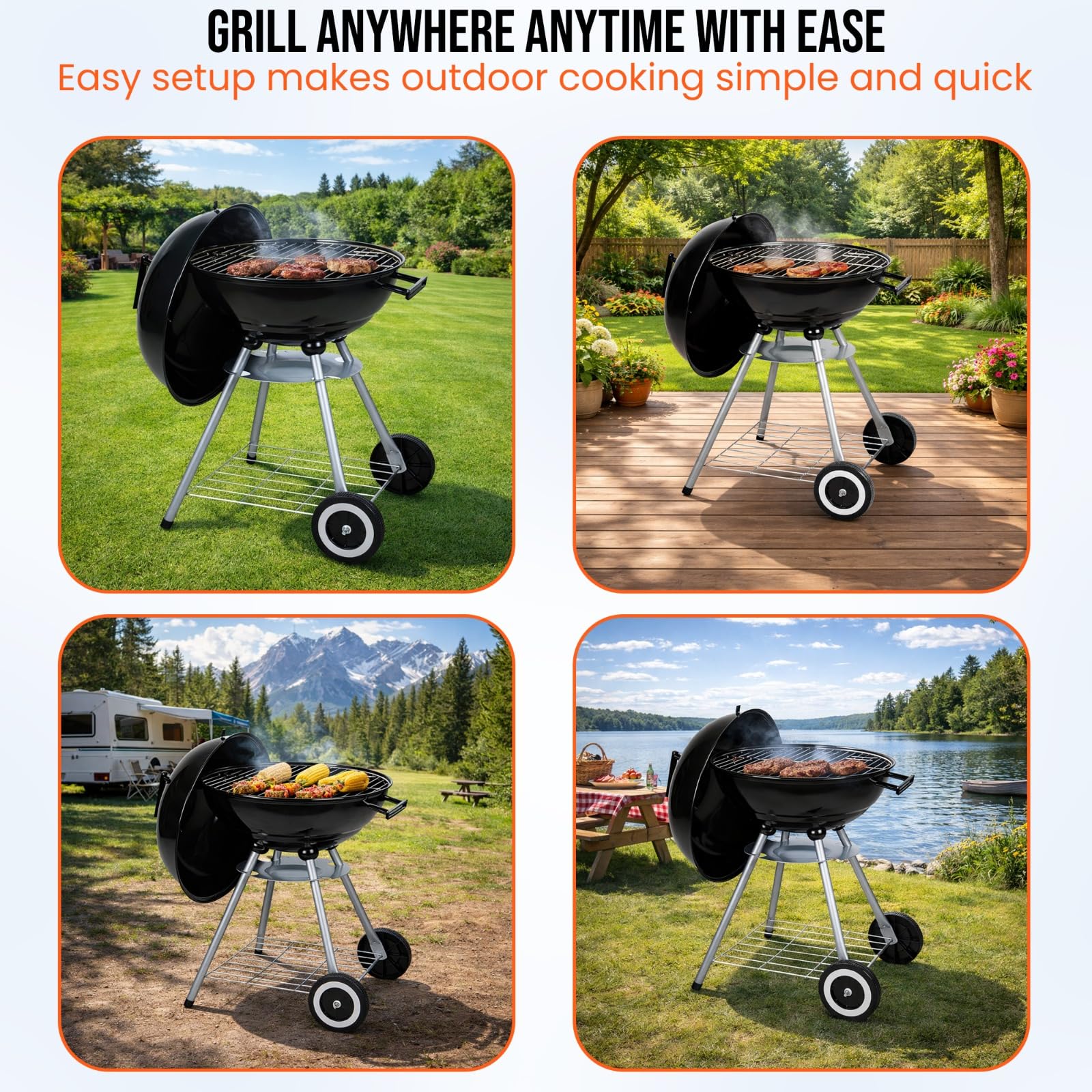BBQ Grill Patio Portable Charcoal BBQ Kettle with Cover & Cooking Utensils Tools, heels Stand Garden Camping Caravan Outdoor Barbecue Ball Rounded Bbq on wheels Black 43.5 cm Stainless Steel — view 8