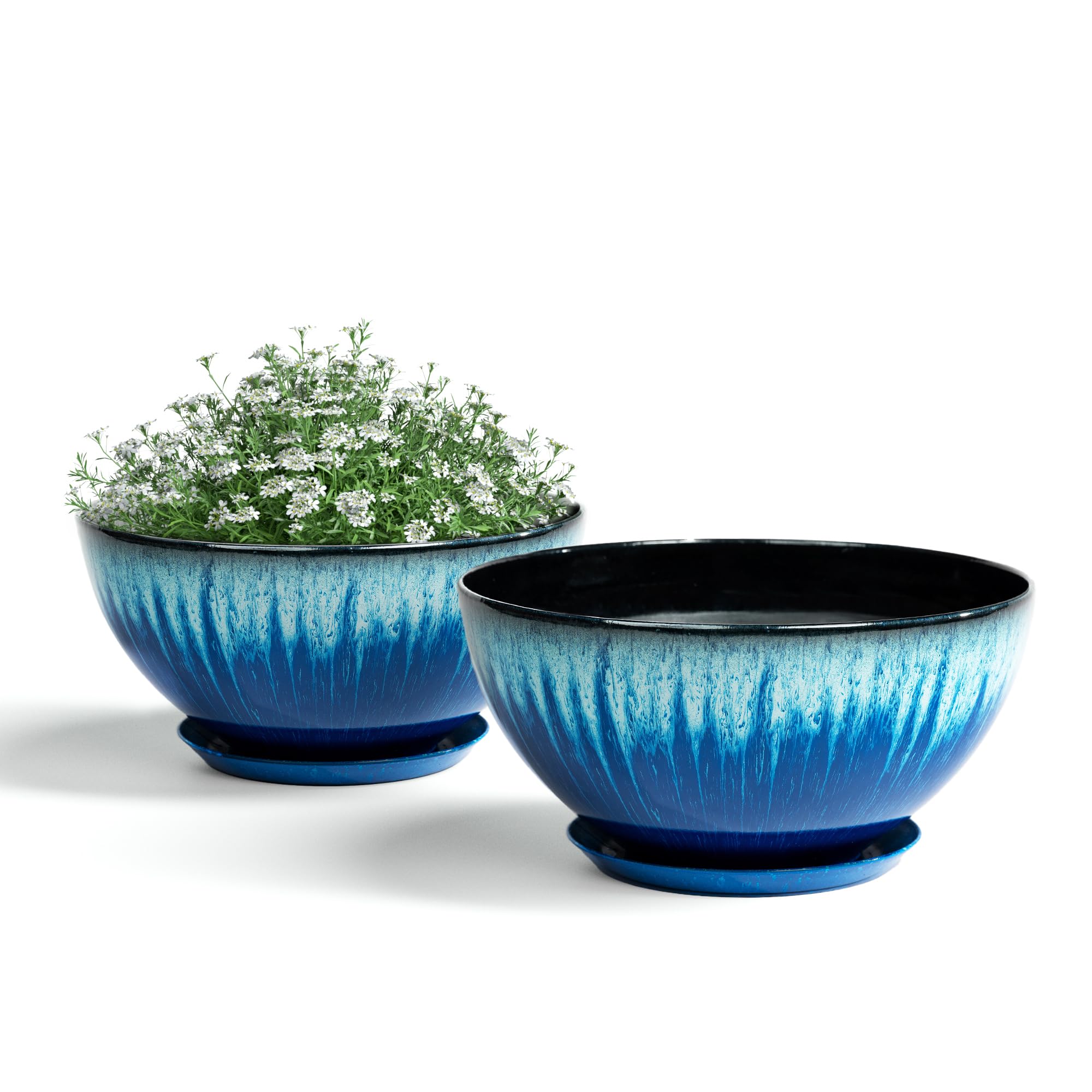 LESOASIS 2 Pack 10 inch Plastic Flower Plant Pots, Glossy Finishing Planter with Drainage Hole, Flower Planter for Indoor Outdoor House Plants, Livingroom Decor (Blue Flowing Glaze)
