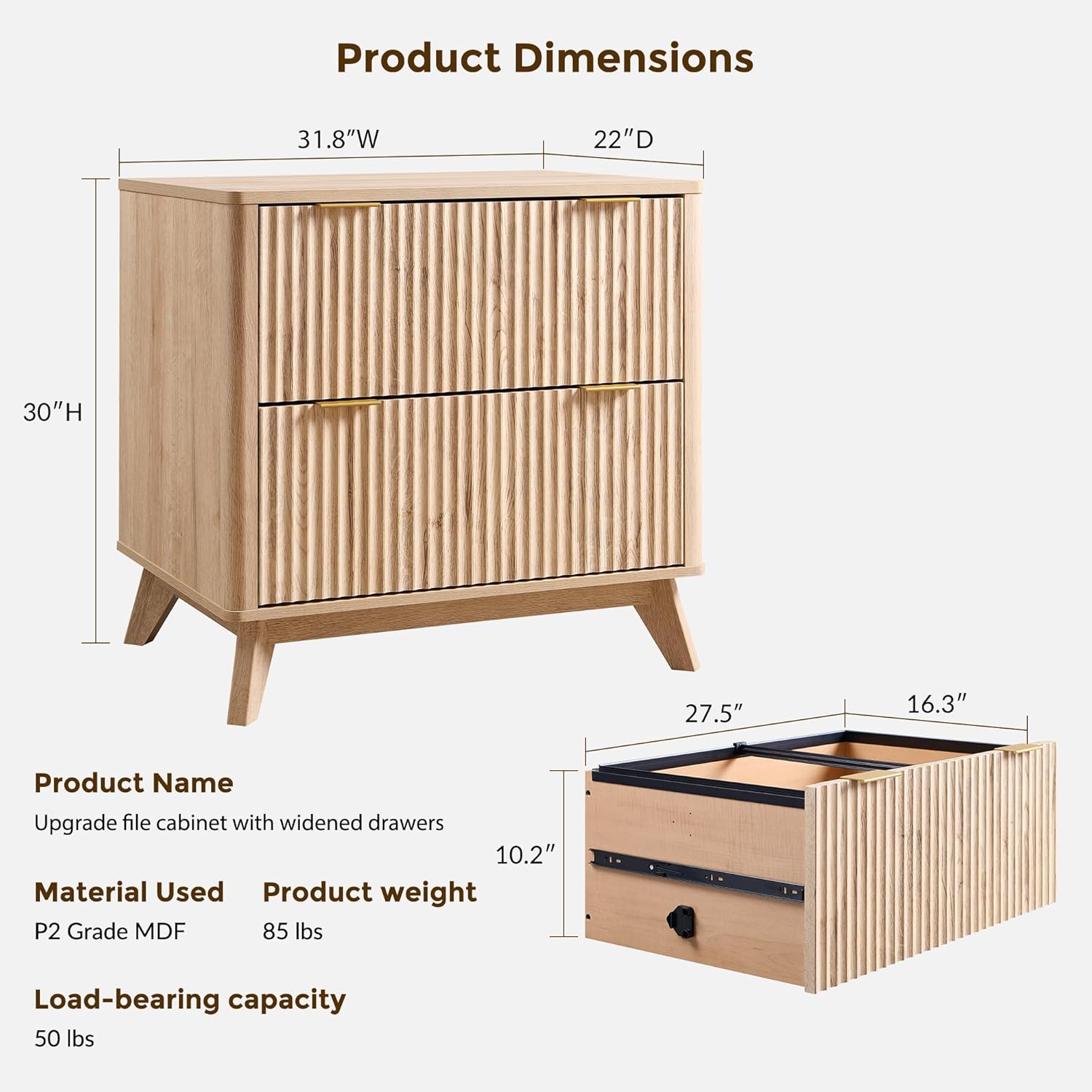 T4TREAM 2 Drawer File Cabinet, 31.8" Fluted Lateral File Cabinet w/Files Hanging Rod for Letter/Legal/A4, Large Tabletop for Printer, Office Wood Printer Cabinets, Natrual Oak - Image 2