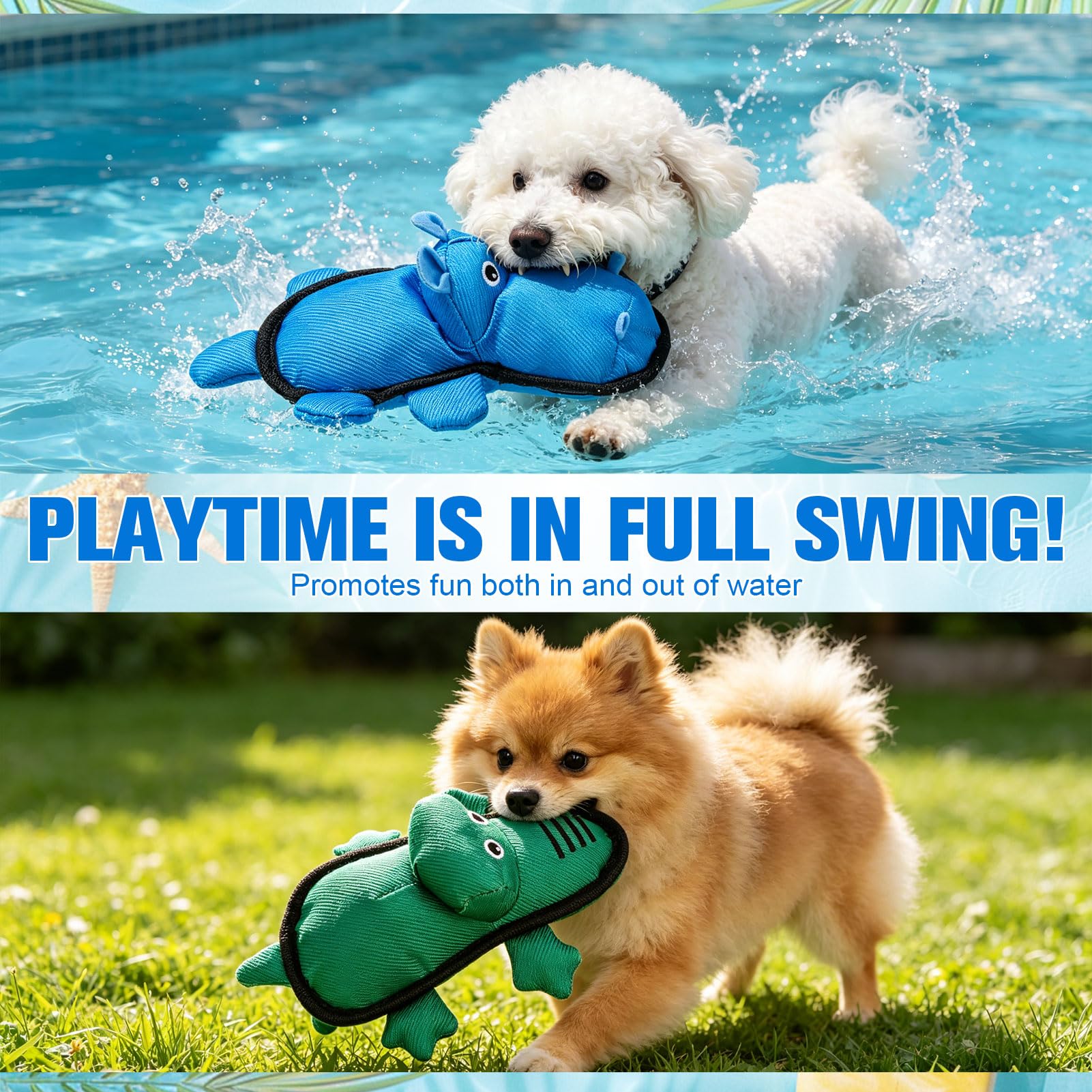 EXPAWLORER Lot de 3 jouets flottants pour chien pour piscine et été, en tissu Oxford doux et durable, jouets à mâcher interactifs avec plis pour chiens de petite, moyenne et grande taille, hippopotame