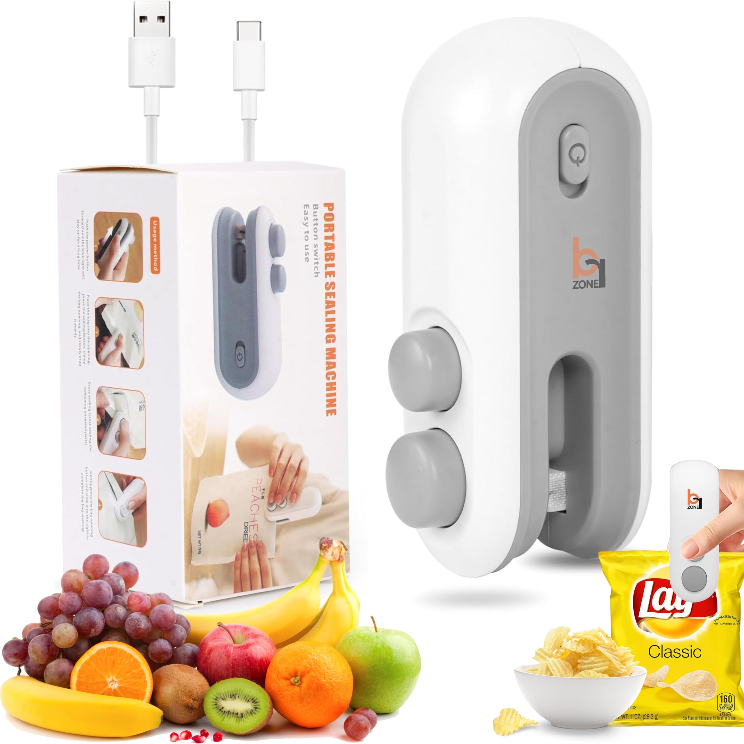 BRZONE Food Sealer Machine - Portable Mini Sealing Machine for Plastic Bags, Chips, Snacks, Fresh Storage