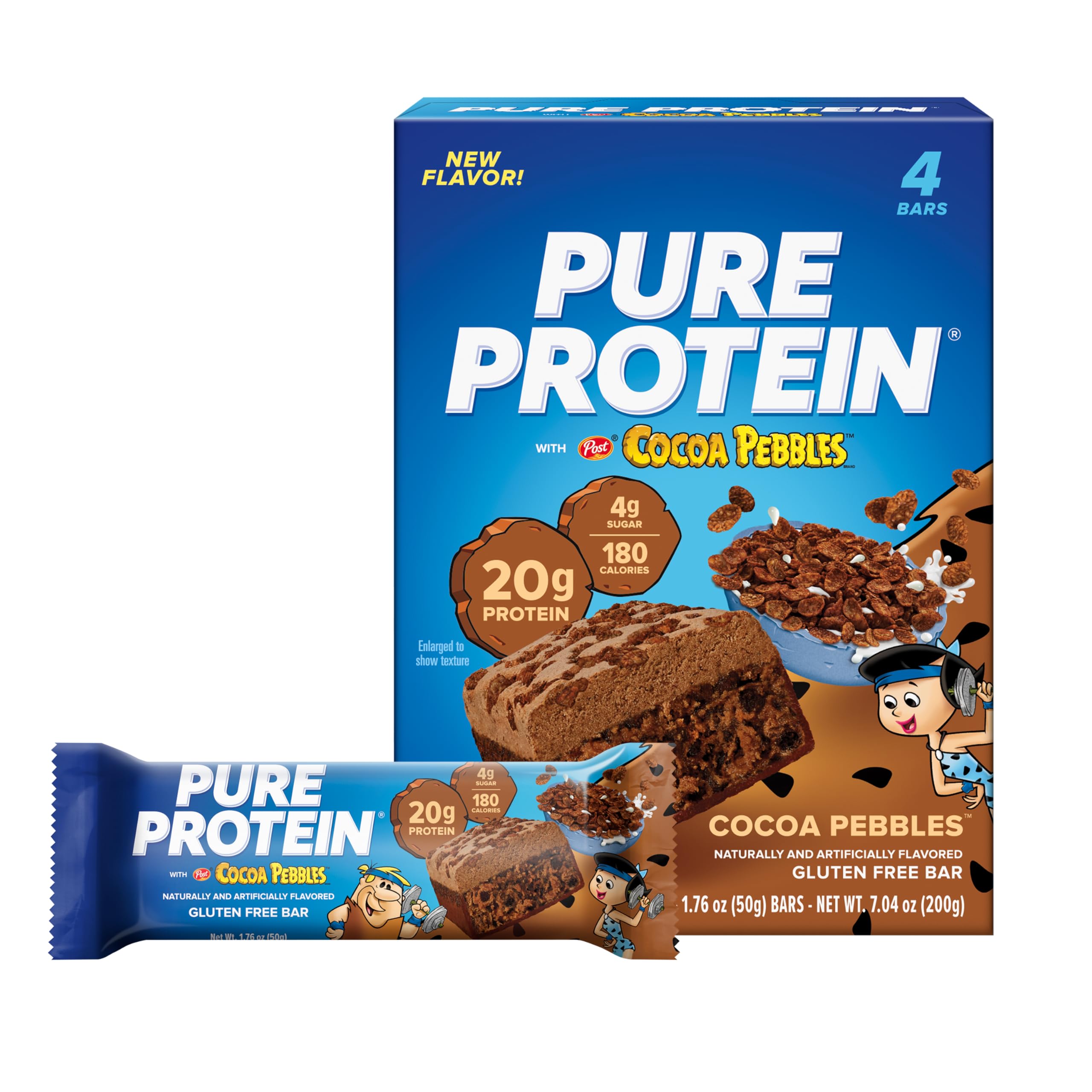 Pure Protein Cocoa PEBBLES™ Protein Bars – 20g Protein, 4g Sugar, 180 Calories (4 count) Low Sugar* High Protein Snack - Gluten Free - Perfect for a