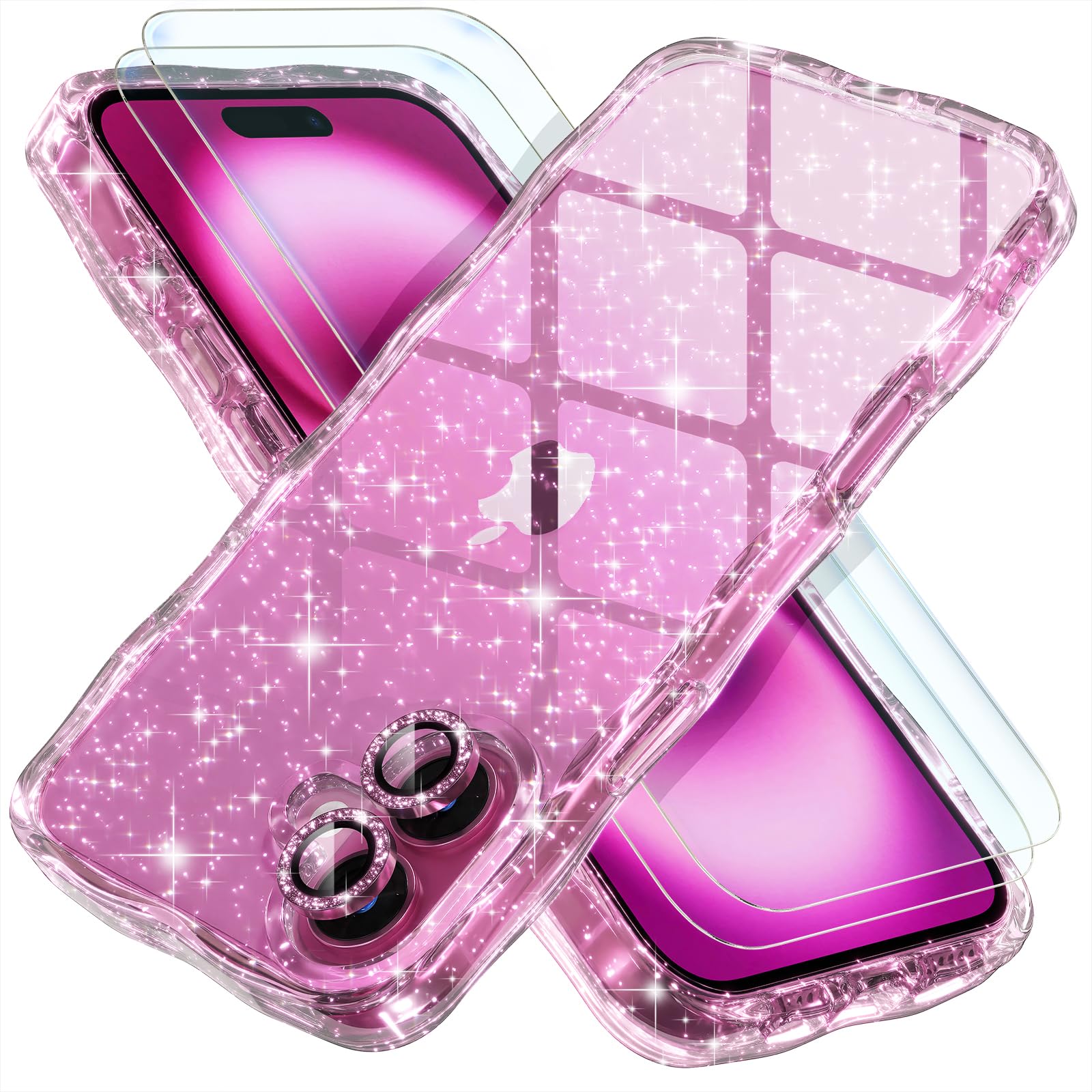 Choiche Compatible for iPhone 16 Plus Case, Women Clear Cute Glitter Phone Case, Wavy Bumper Cover [2 x Diamond Camera Lens Protectors] [2 x Tempered