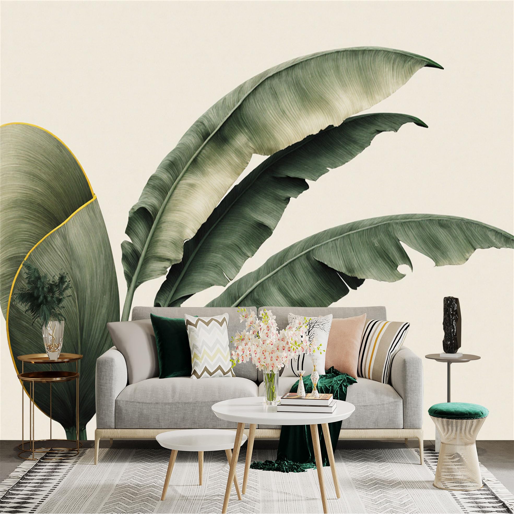 Custom Size Wall Sticker Mural， Tropical Banana Leaves with Minimalist Botanical Art， for wall Decoration， peelandstick wall Decals.