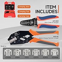 Vista 2 de iCrimp - Juego de herramientas de crimpado de trinquete con pelacables, mordazas de cambio rápido para terminales de barril abierto, terminales