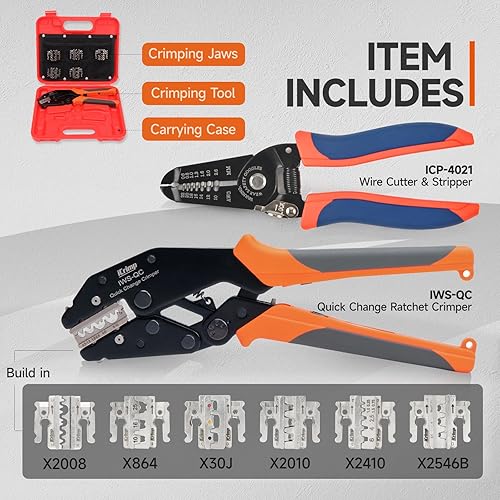 Miniatura 2 de iCrimp - Juego de herramientas de crimpado de trinquete con pelacables, mordazas de cambio rápido para terminales de barril abierto, terminales
