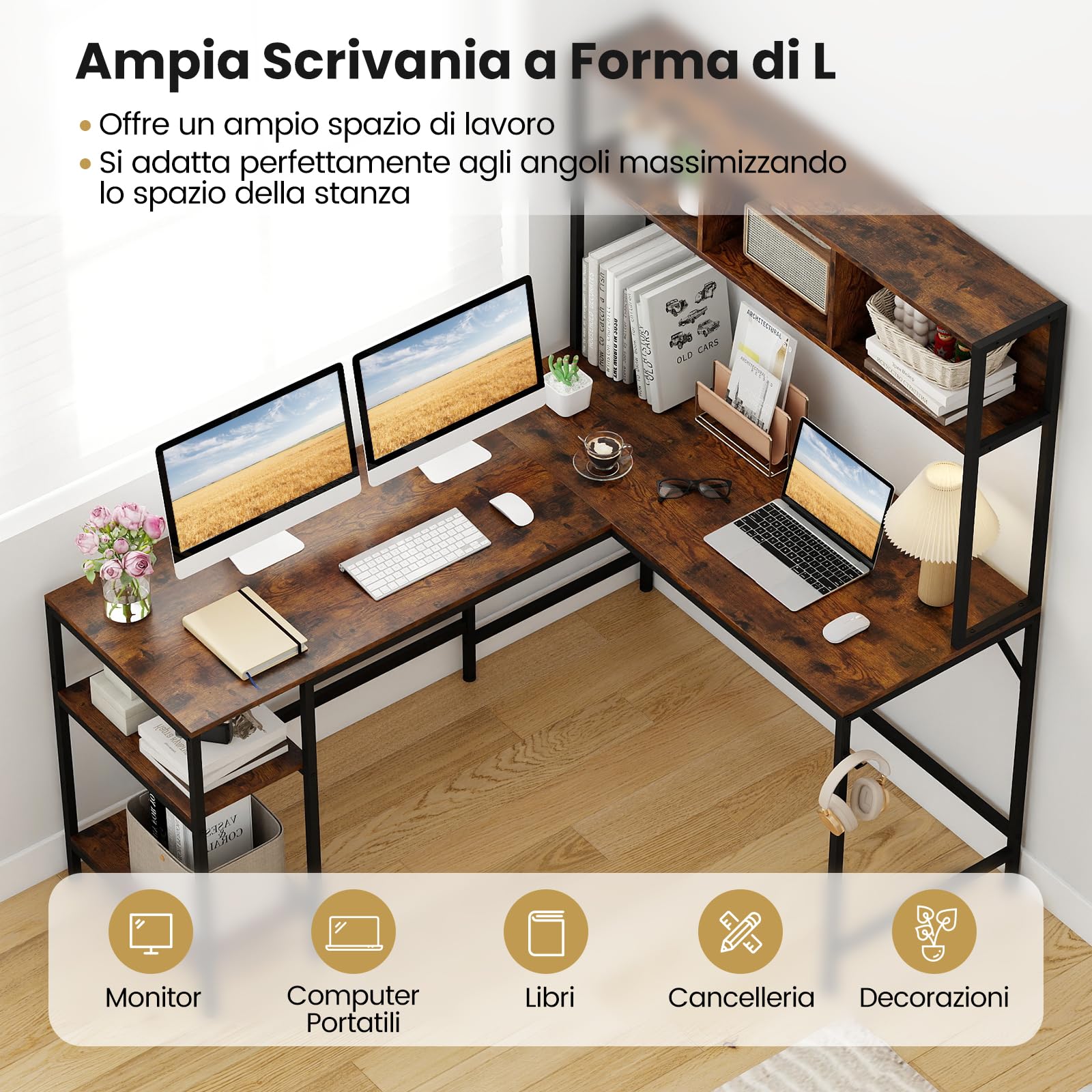 COSTWAY Scrivania a Forma di L con Libreria, Ripiani e Gancio per Cuffie, Scrivania Angolare in Legno con Robusto Telaio in Metallo, Scrittoio per Computer per Soggiorno, Studio e Ufficio (Marrone)