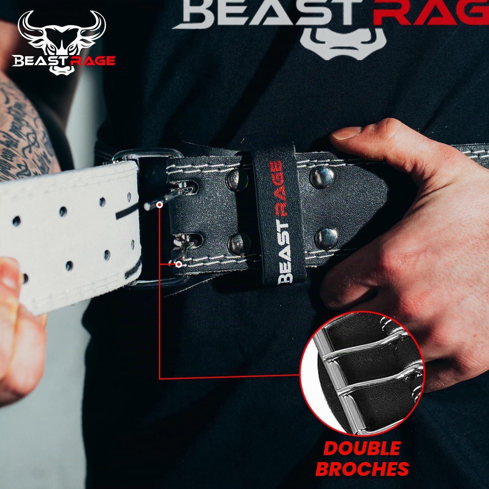 BEAST RAGE Ceinture D'haltérophilie Cuir De Vachette Trous Réglables Support Dorsal pour Powerlifting Crossfit Fitness Boucle À Rouleau en Acier Bodybuilding Gym Weightlifting
