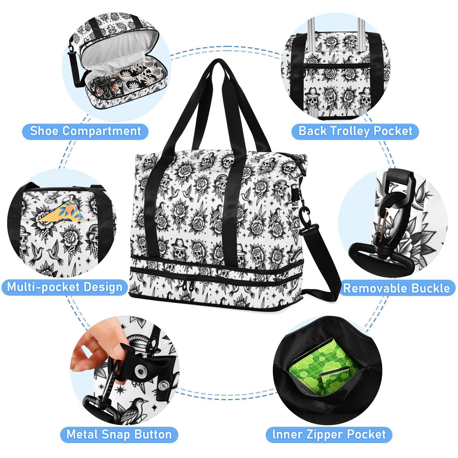 Vintage Old School Skull Rose Tattoo Carry On Shoulder Weekend Tote z mokrą kieszenią Regulowany pasek Torba na siłownię do treningu Duża pojemność dla mężczyzn kobiet