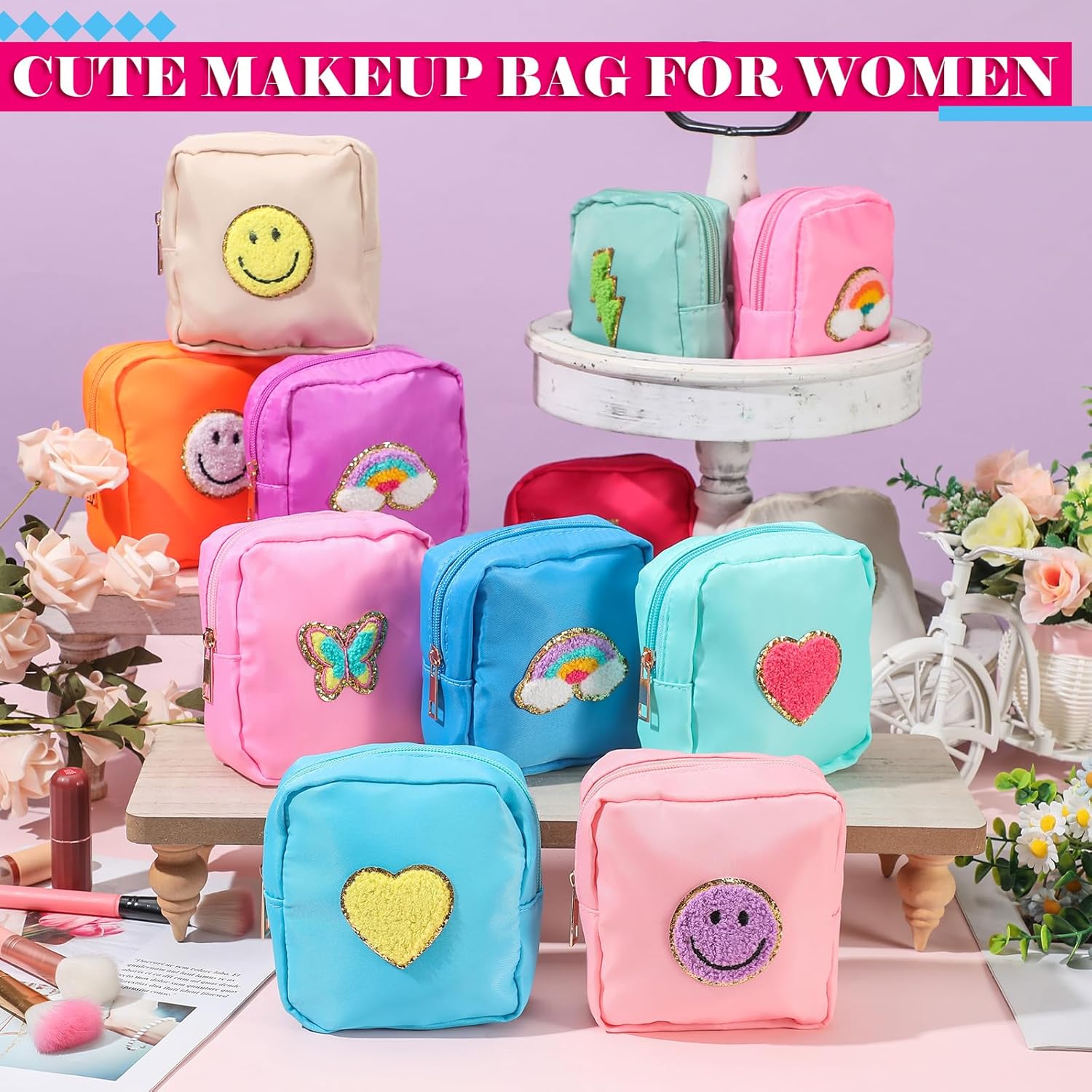 Umigy 12 Pcs Preppy Cosmetic Bags Graduation Gifts Nylon Mini Makeup Bags Bulk Waterproof Cute Travel Pouch Purse for Woman Girl Gifts DIY Daily Use Storage Organizer - Image 6