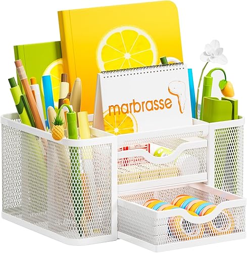 Miniatura 6 de Marbrasse Organizador de escritorio de malla con cajón + organizador de bolígrafos de malla con 2 cajones