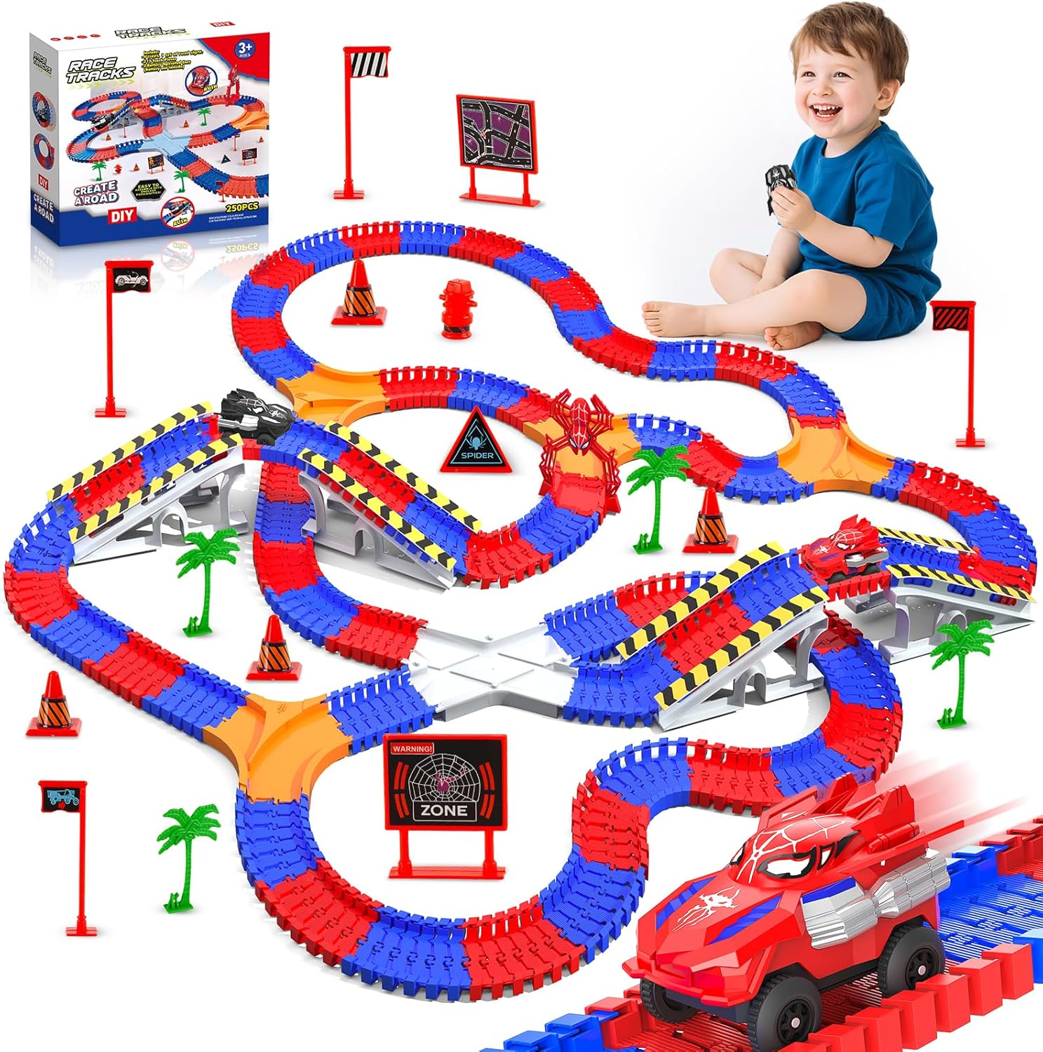 Spider Toys 250 PCS Race Car Track for Kids Ages 3-6 with 2 Cool Monster Car, Toddler Car Tracks for 3+ Year Old Boys Girls, Toy Set Birthday Gifts for 3-6 Year Old Boys