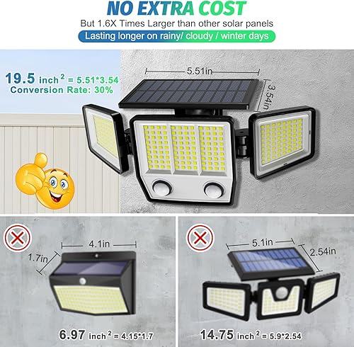 Miniatura 9 de Luces solares para exteriores de 6500 K, 3000 lúmenes, 304 luces LED con sensor de movimiento, luces de seguridad de 3 cabezales, IP67 impermeable,