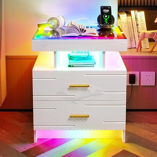 Miniatura 7 de vkcc Mesita de noche LED RGB de alto brillo con carga inalámbrica y puertos USB, mesitas de noche inteligentes con luz deslumbrante automática,