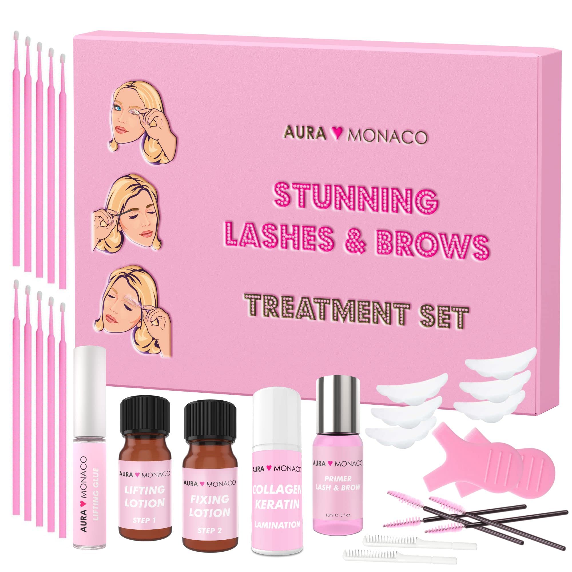 AURA Monaco | Wimpernlifting Set & Lash Lift Kit 'Pro' – Profi-Set mit veganen Lifting-Lotions, Primer, Kleber, Kollagen & Keratin – für bis zu 50 Behandlungen